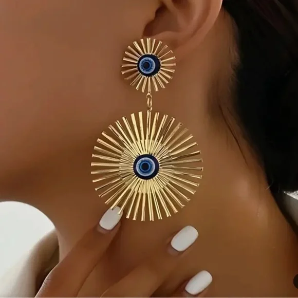 Golden Evil Eye 🧿 Dangle Earrings - Picture 4 of 7